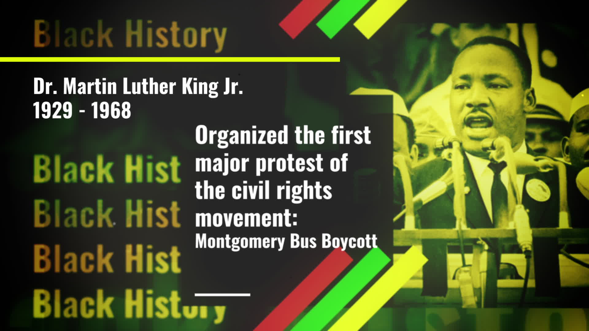 Black History Month historical-figure feature with a portrait and animated facts